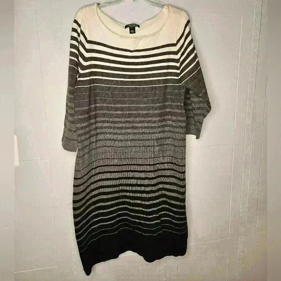 Lauren Ralph Lauren Cotton Knit Gray Striped Round Neck 3/4 Sleeve Midi Dress 1X - Picture 1 of 14